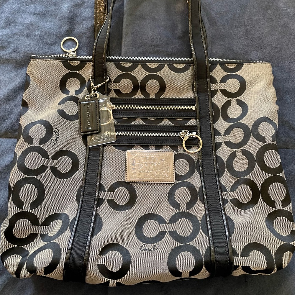 Coach Signature Black Gray Canvas Zipper Closure Tote